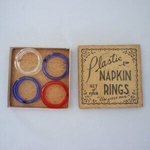 Set of 4 Vintage Lucite Plastic Napkin Rings Red Blue Clear in Original Box